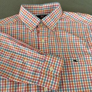 Vineyard Vines Tucker Shirt Men MediumSlim Fit Orange Check Button Up Work Whale